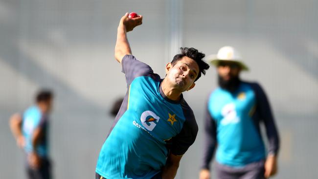 Pakistan paceman Mohammad Abbas sends down a short ball during training at the Gabba. Picture: AAP