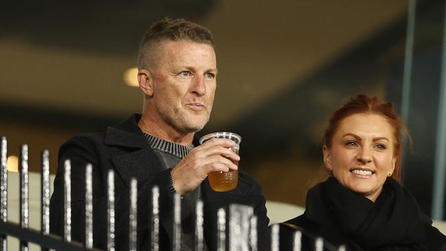 Damien Hardwick enjoys a beer before the game. Picture: Michael Klein.