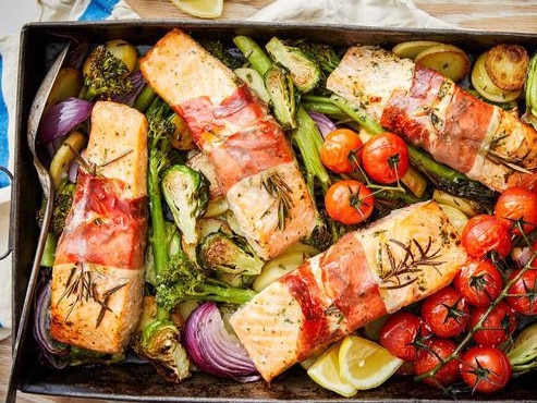 Prosciutto-wrapped salmon.