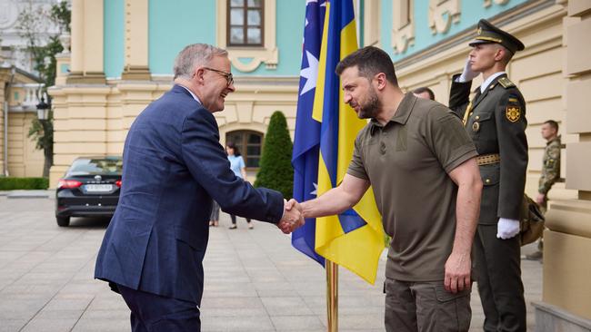 President of Ukraine Volodymyr Zelensky greets Anthony Albanese ahead of their meeting in Kyiv last July. Picture: Ukrainian Presidency via ABACAPRESS.COM.