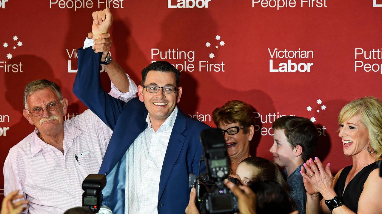 Dan Andrews celebrates Labor's Victorian state election victory in 2014. Picture: Jake Nowakowski