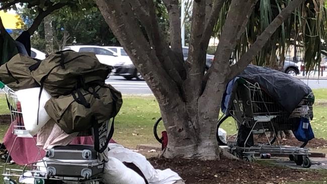 The belongings of homeless people in Carey Park opposite the Broadwater Parklands.