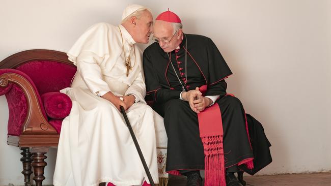 Anthony Hopkins and Jonathan Pryce in a scene from the Netflix drama The Two Popes.