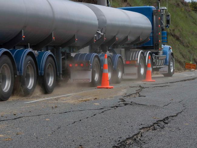 Damage to state highway 7 near the Waiau Ferry Bridge near Hanmer after the 7.5 magnitude Hanmer Earthquake, New Zealand. Picture: AAP