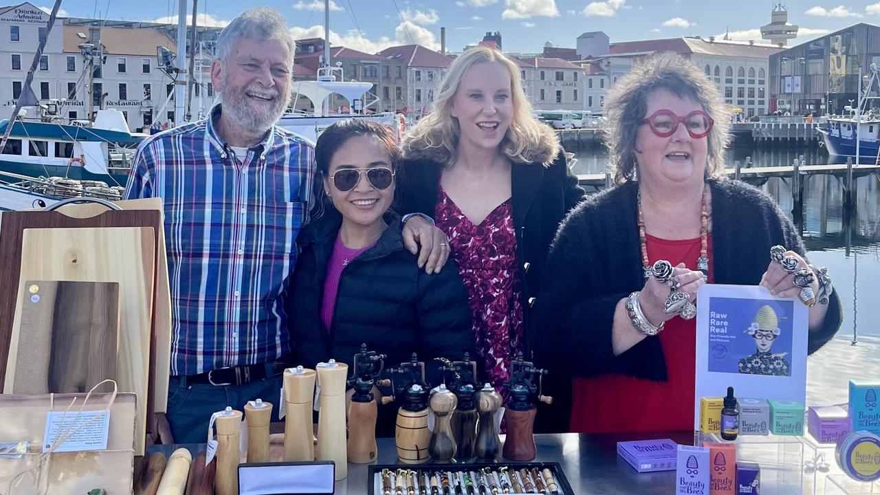 Stallholders from the Salamanca Market Graeme Young and Fah Sae Cee from Wood on Salamanca, Salamanca Market Stallholder Association president Emma Hope and Jill Saunders from Beauty and the Bees. Picture: Emma Hope