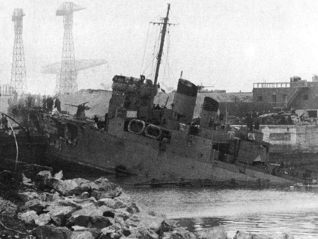 HMS Campbeltown after it rammed the dock at Saint-Nazaire in March 1942.