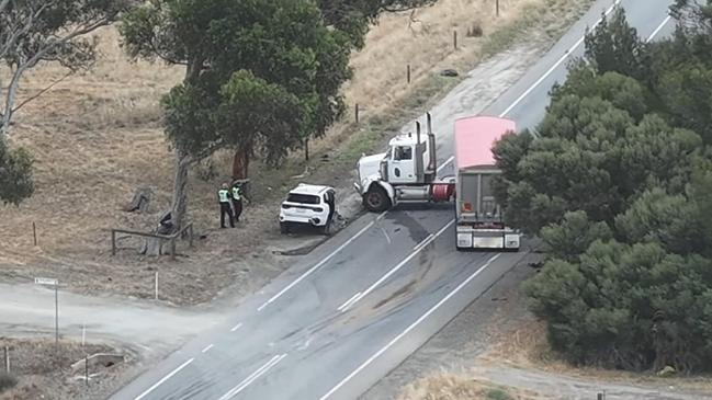 A man and a woman have been injured after a car and a truck collided on the Horrocks Highway, at Tarlee, on December 6, 2024, about 9.30am. Picture: 7NEWS