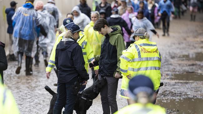 Police officers and a drug detection dog walk among festival-goers at the entrance of Splendour in the Grass 2022 at North Byron Parklands on July 22. Picture: Getty Images