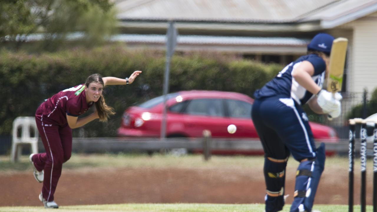 Eliza Flynn bowls for Queensland against Victoria in the Australian Country Cricket Championships. Picture: Kevin Farmer.