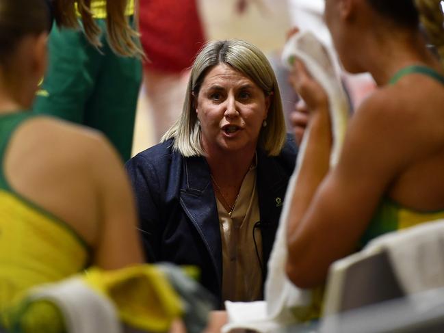CAPE TOWN, SOUTH AFRICA - AUGUST 06: Stacey Marinkovich (Head Coach) of Australia chats with players during the Netball World Cup 2023, final match between England and Australia at Cape Town International Convention Centre, Court 1 on August 06, 2023 in Cape Town, South Africa. (Photo by Ashley Vlotman/Gallo Images/Netball World Cup 2023 via Getty Images)