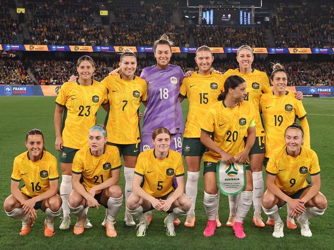 MELBOURNE, AUSTRALIA - JULY 14: Matildas players pose for a team photograph during the International Friendly match between the Australia Matildas and France at Marvel Stadium on July 14, 2023 in Melbourne, Australia. (Photo by Robert Cianflone/Getty Images)