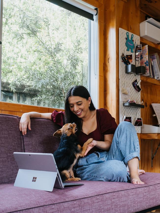 Astrid Jorgensen at her home studio with her dog, Penny. Picture: Jacob Morrison