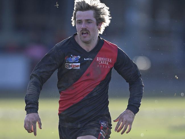 RiddellÃs Riley Paterson during the RDFL football match between Riddell and Woodend-Hesket in Riddells Creek, Saturday, June 26, 2021. Picture: Andy Brownbill