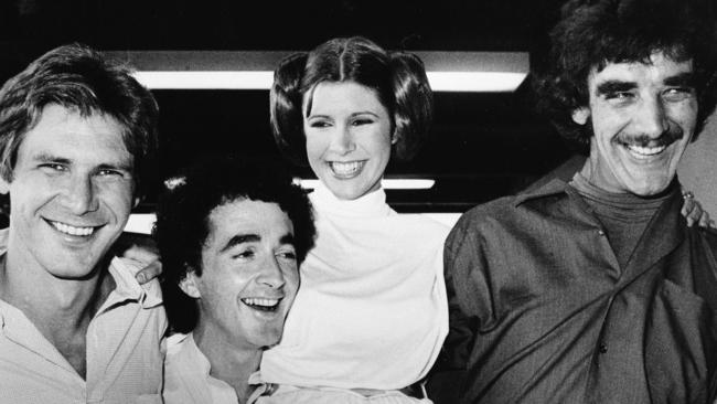 Harrison Ford (Han Solo), Anthony Daniels (C3P0), Carrie Fisher (Princess Leia) and Peter Mayhew (Chewbacca) in 1978. Picture: AP