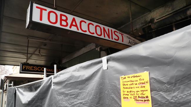 A burnt-out vape shop on Puckle St in Moonee Ponds. Picture: David Crosling