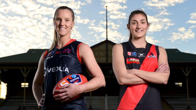 Norwood SANFLW captain Ali Ferrall (left) with West Adelaide skipper Lauren Gee. Picture: Naomi Jellicoe