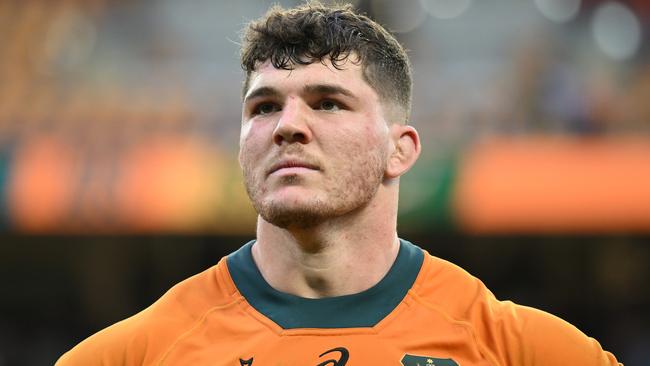 BRISBANE, AUSTRALIA - AUGUST 10: Carlo Tizzano of the Wallabies looks dejected after during The Rugby Championship match between Australia Wallabies and South Africa Springboks at Suncorp Stadium on August 10, 2024 in Brisbane, Australia. (Photo by Matt Roberts/Getty Images)