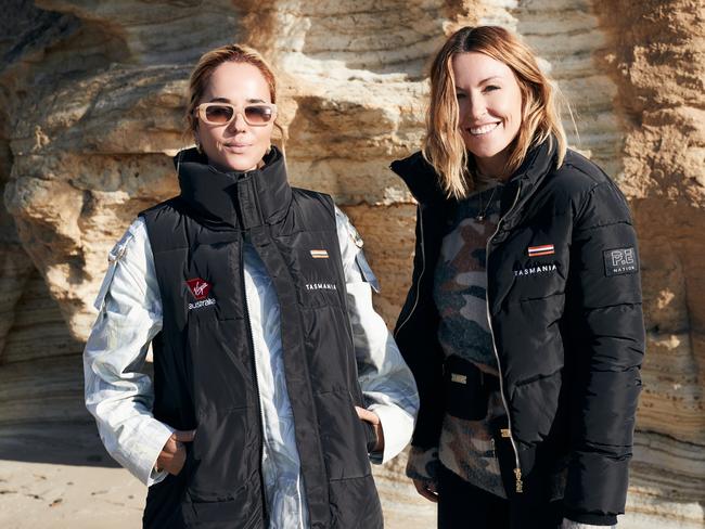 Pip Edwards and Claire Tregoning on set in Hobart. Picture: Virgin Australia/P.E. Nation