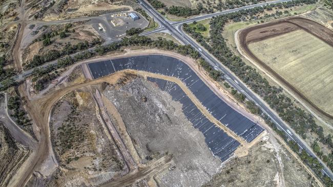 Drone images of the Southern Waste Depot landfill site, about 4km west of McLaren Vale, showing construction of the new double-lined disposal cell (cell 3). Picture: EPA