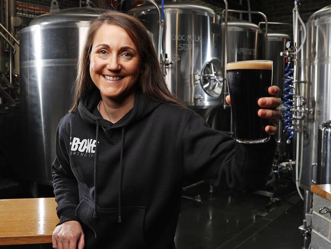 Owner and marketing manager of T-Bone Brewing Co in North Hobart Cala Bignell with their popular Choc Milk Stout.  Picture: Zak Simmonds