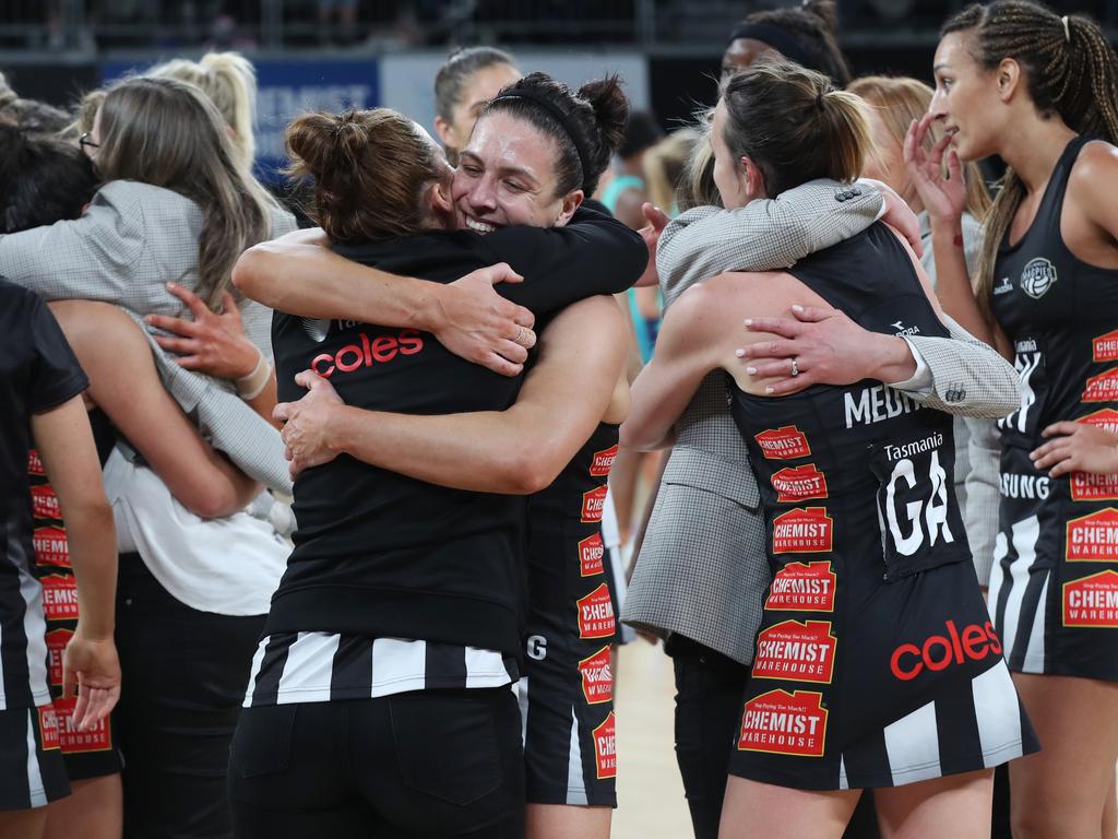 The Magpies celebrate their huge win over the Melbourne Vixens.