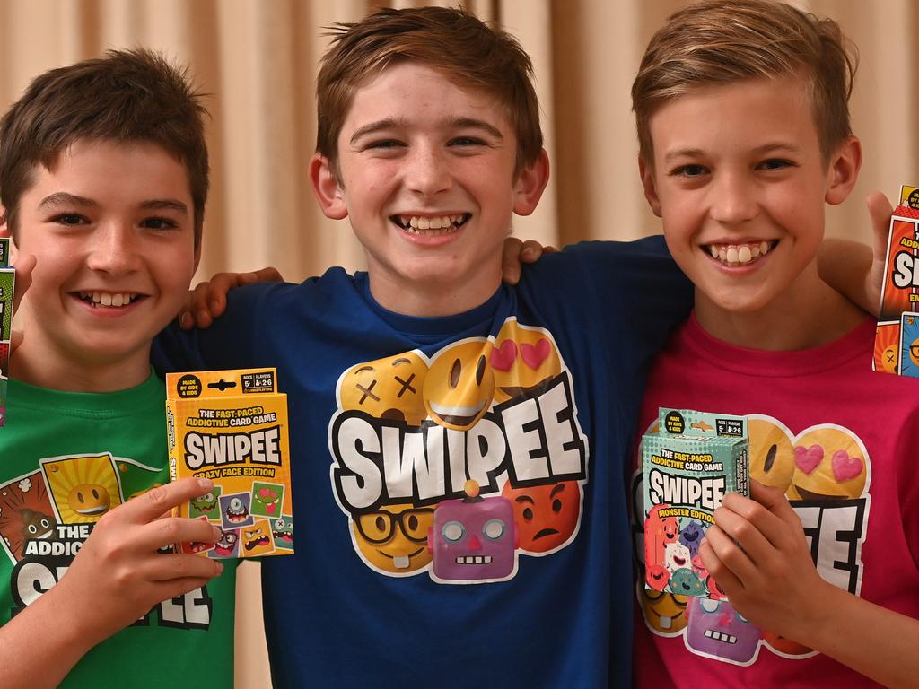 2/6/24. Three Adelaide Hills students invented a new card game, SWIPEE when they were in yr5, now in yr7 they have just signed a global distribution agreement for their game to be sold world wide with the Fantastic Factory - Ben Logan, Sam Hawkes and Jacob Brumby (all 12yrs old). 
Picture: Keryn Stevens