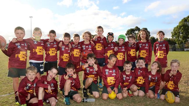 East Geelong under-9 football team pull their funniest faces. Picture: Alan Barber