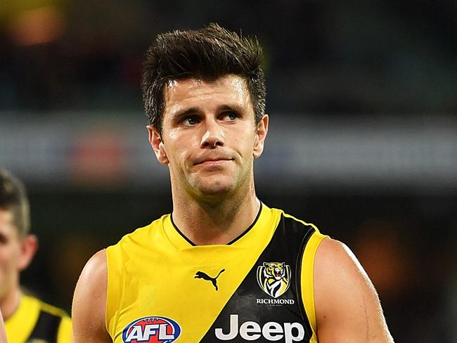 ADELAIDE, AUSTRALIA - APRIL 30: Trent Cotchin of the Tigers walks from the field after the round six AFL match between the Adelaide Crows and the Richmond Tigers at Adelaide Oval on April 30, 2017 in Adelaide, Australia.  (Photo by Daniel Kalisz/Getty Images)