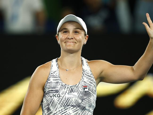 MELBOURNE, AUSTRALIA - JANUARY 21: Ashleigh Barty of Australia celebrates after winning her third round singles match against Camila Giorgi of Italy during day five of the 2022 Australian Open at Melbourne Park on January 21, 2022 in Melbourne, Australia. (Photo by Daniel Pockett/Getty Images)