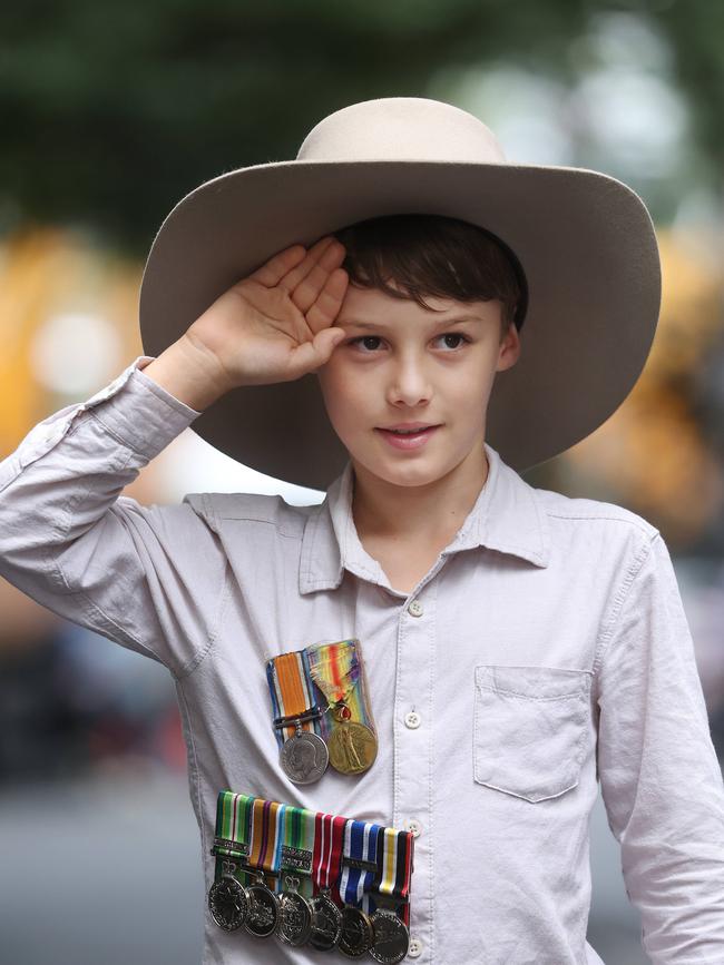 Hamish Stewart 8yrs from Hamilton at the Anzac Day Parade. Pic: Annette Dew