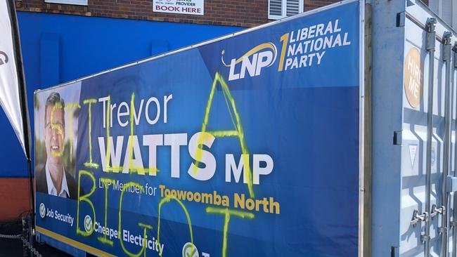 A Trevor Watts sign was targeted by vandals, again.