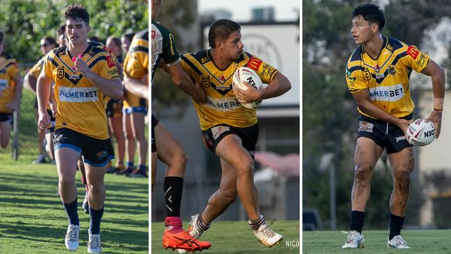 Falcons Mal Meninga Cup players Tait Coghlan, Tyrell Hopkins and Jaelym Hohaia. Pictures: Kyliesfootyphotos and Nicola Anne Photography.