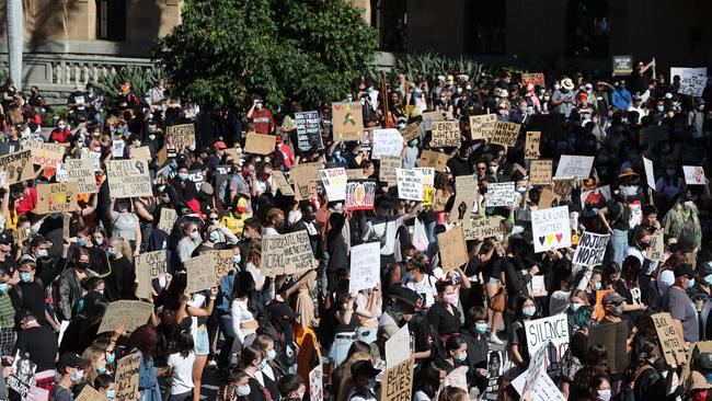 People gather for the Black Lives Matter rally in King George Square on Saturday. Picture: Peter Wallis