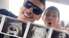 Brock Daniel (right) and his uncle Chandler Daniel (left) with an ultrasound images of Brock's unborn twins. Picture: Facebook