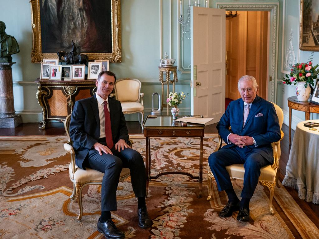 King Charles meets with Jeremy Hunt in the private audience room at Buckingham Palace. Picture: Getty Images