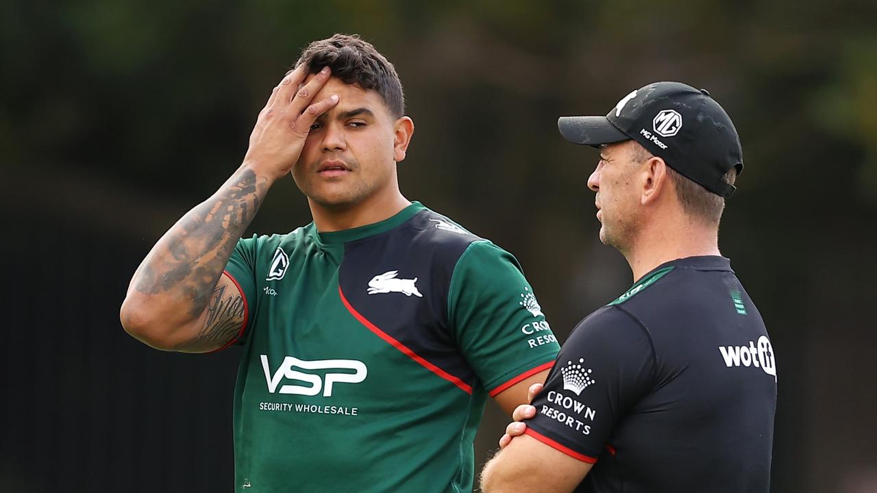 SYDNEY, AUSTRALIA - MARCH 13: Latrell Mitchell l speaks to a Rabbitohs head coach Jason Demetriou during a South Sydney Rabbitohs NRL training session at Redfern Oval on March 13, 2023 in Sydney, Australia. (Photo by Mark Kolbe/Getty Images)