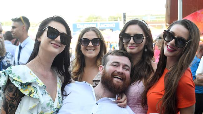 LR: Mimie Pollock, Photobomber, Scott Riley, Jessican Vernon and Lizzy Rizzotto at the Darwin Cup 2022. Picture: (A)manda Parkinson