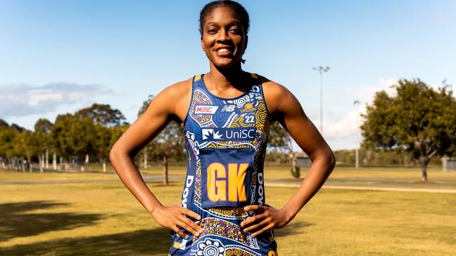 Kadie-Ann Dehaney in the Sunshine Coast Lightning First Nations dress designed by Jerome Wano, a Wakka Wakka and Tuwharetoa artist.