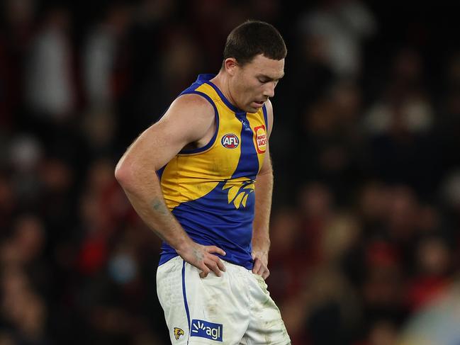 MELBOURNE, AUSTRALIA – AUGUST 05: Jeremy McGovern of the Eagles looks dejected after the Eagles were defeated by the Bombers during the round 21 AFL match between Essendon Bombers and West Coast Eagles at Marvel Stadium, on August 05, 2023, in Melbourne, Australia. (Photo by Robert Cianflone/Getty Images)