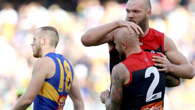 Max Gawn and Nathan Jones celebrate their win. Pic: AAP