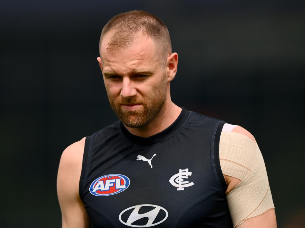 MELBOURNE, AUSTRALIA - SEPTEMBER 18: Sam Docherty of the Blues trains during a Carlton Blues AFL training session at Ikon Park on September 18, 2023 in Melbourne, Australia. (Photo by Morgan Hancock/Getty Images)