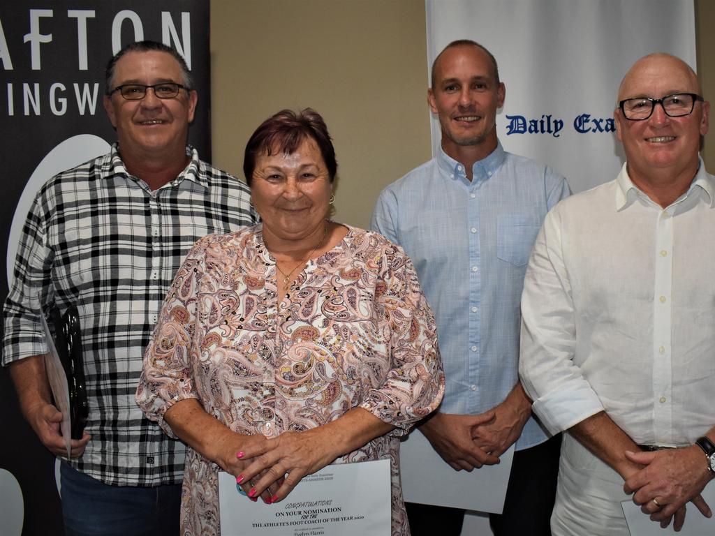 The Athlete's Foot Coach of the Year nominees Adi Campbell (winner - Grafton Tigers AFL), Evelyn Harris (greyhound Cosmic Bonus), Shaun Davison (Hybrid Fitness, rugby league), Wayne Sutton (Maclean FC Women) at the 2020 Clarence Valley Sports Awards at Grafton District Services Club on Saturday, 14th November, 2020. Photo Bill North / The Daily Examiner