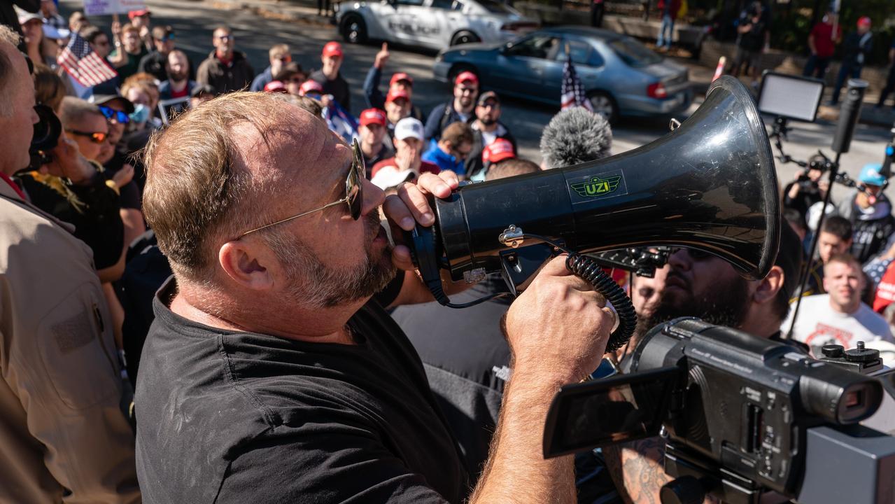 Conspiracy theorist Alex Jones from Infowars addresses a ‘Stop the Steal’ rally in Georgia. Picture: Elijah Nouvelage/Getty Images/AFP