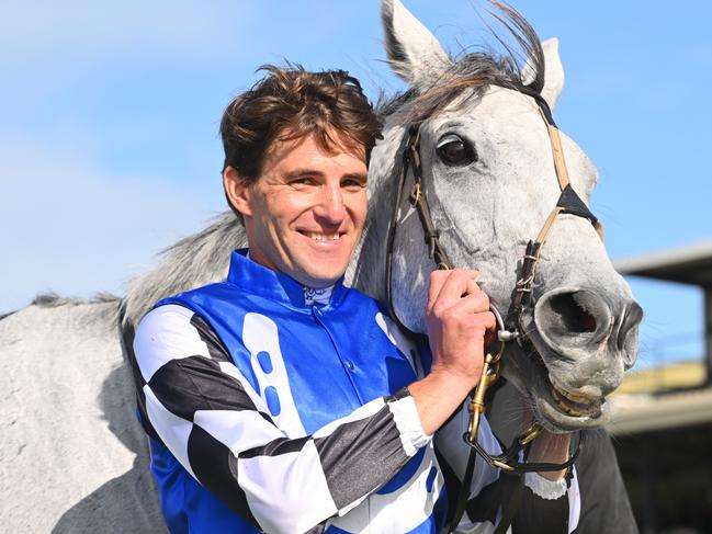 WARRNAMBOOL, AUSTRALIA - MAY 03: Steven Pateman poses after riding Saunter Boy to win Race 6, the Sovereign Resort Galleywood Hurdle, during Galleywood Hurdle Day on May 03, 2023 in Warrnambool, Australia. (Photo by Vince Caligiuri/Getty Images)