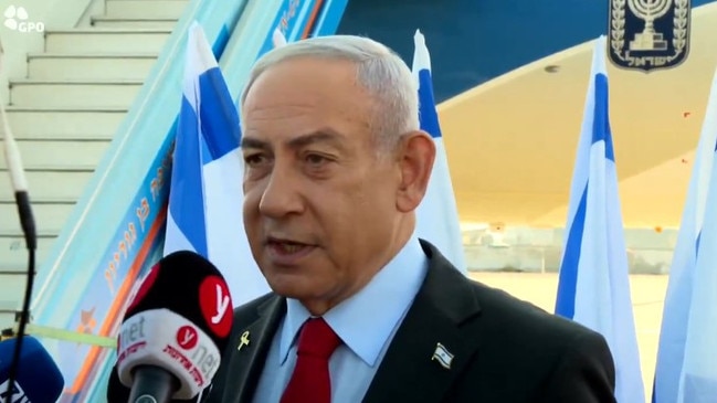 Israeli Prime Minister benjamin Netanyahu speaks before he gets on a plane to Washington Dc to visit US President Donald Trump on Febryary 2 2025