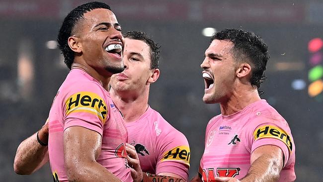 BRISBANE, AUSTRALIA - MAY 14: Stephen Crichton of the Panthers celebrates scoring a try during the round 10 NRL match between the Melbourne Storm and the Penrith Panthers at Suncorp Stadium, on May 14, 2022, in Brisbane, Australia. (Photo by Bradley Kanaris/Getty Images)