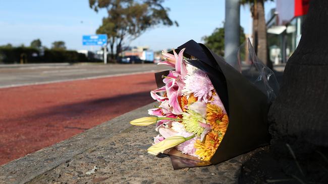 The flowers placed on Pittwater Rd this morning. Picture: Carly Earl