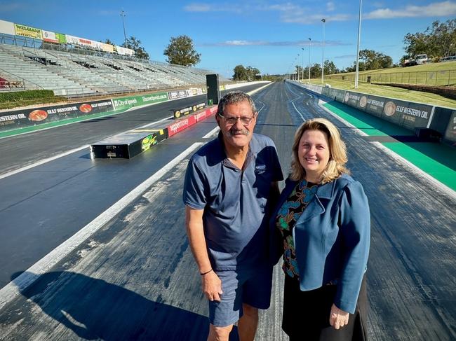 Willowbank Raceway Manager Harry Rowsell and Ipswich Mayor Teresa Harding on the new track. Picture: Ipswich City Council.