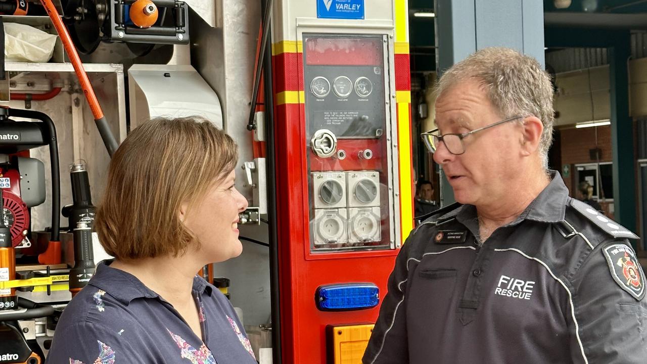 Fire Minister Nikki Boyd with Acting Inspector Wayne Roe at the Cairns Fire &amp; Rescue Station in Westcourt. Picture: Annabel Bowles