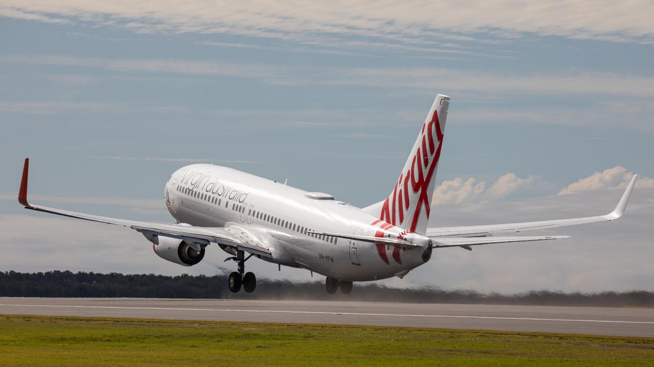 A Virgin flight at the opening of Brisbane’s second runway. Picture: Beau Chenery